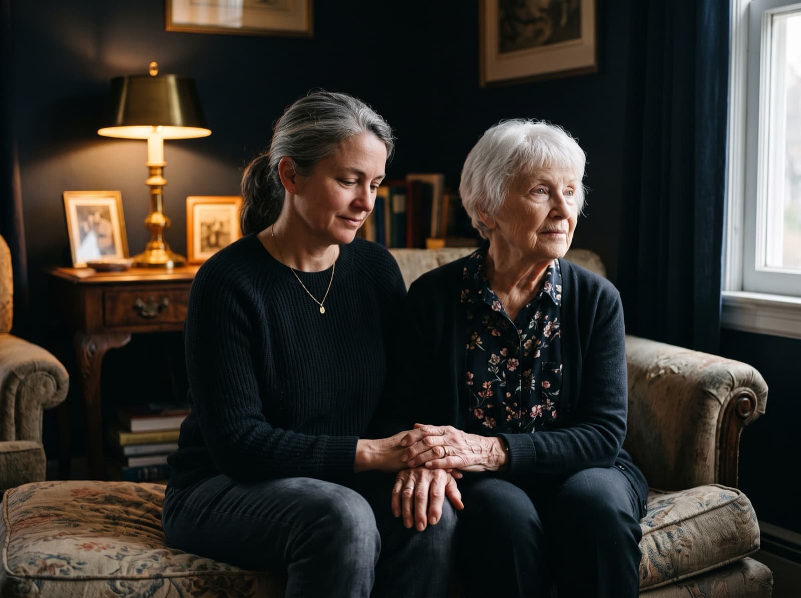 An adult daughter sitting with her elderly mother in a quiet living room