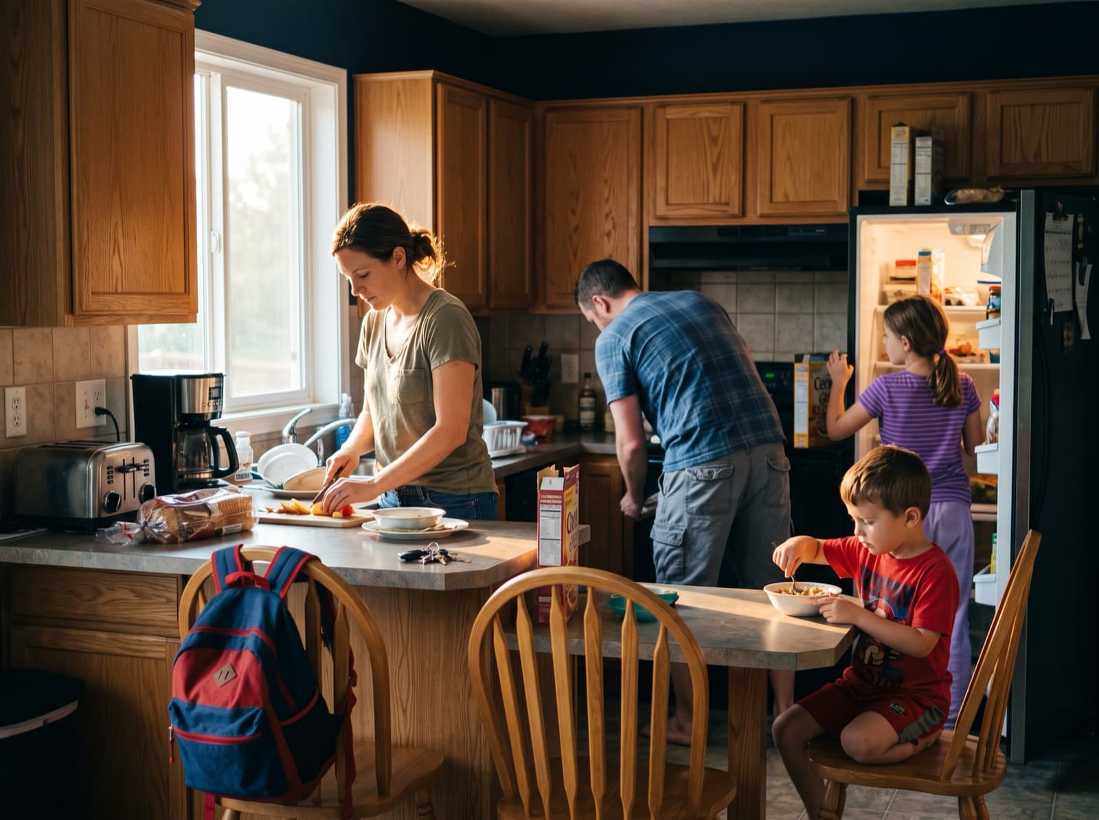 A family in their kitchen on an ordinary weekday morning